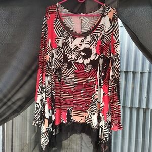 Avenue Red and White Graphic Asymmetrical Blouse